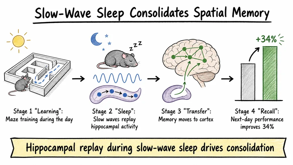 Hand-drawn illustration of four stages showing how slow-wave sleep consolidates spatial memory in mice